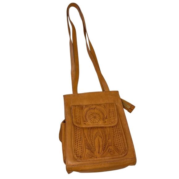 Vintage Hand-Tooled Leather Shoulder Messenger Bag | Butterscotch Brown 1970s - Picture 1 of 14